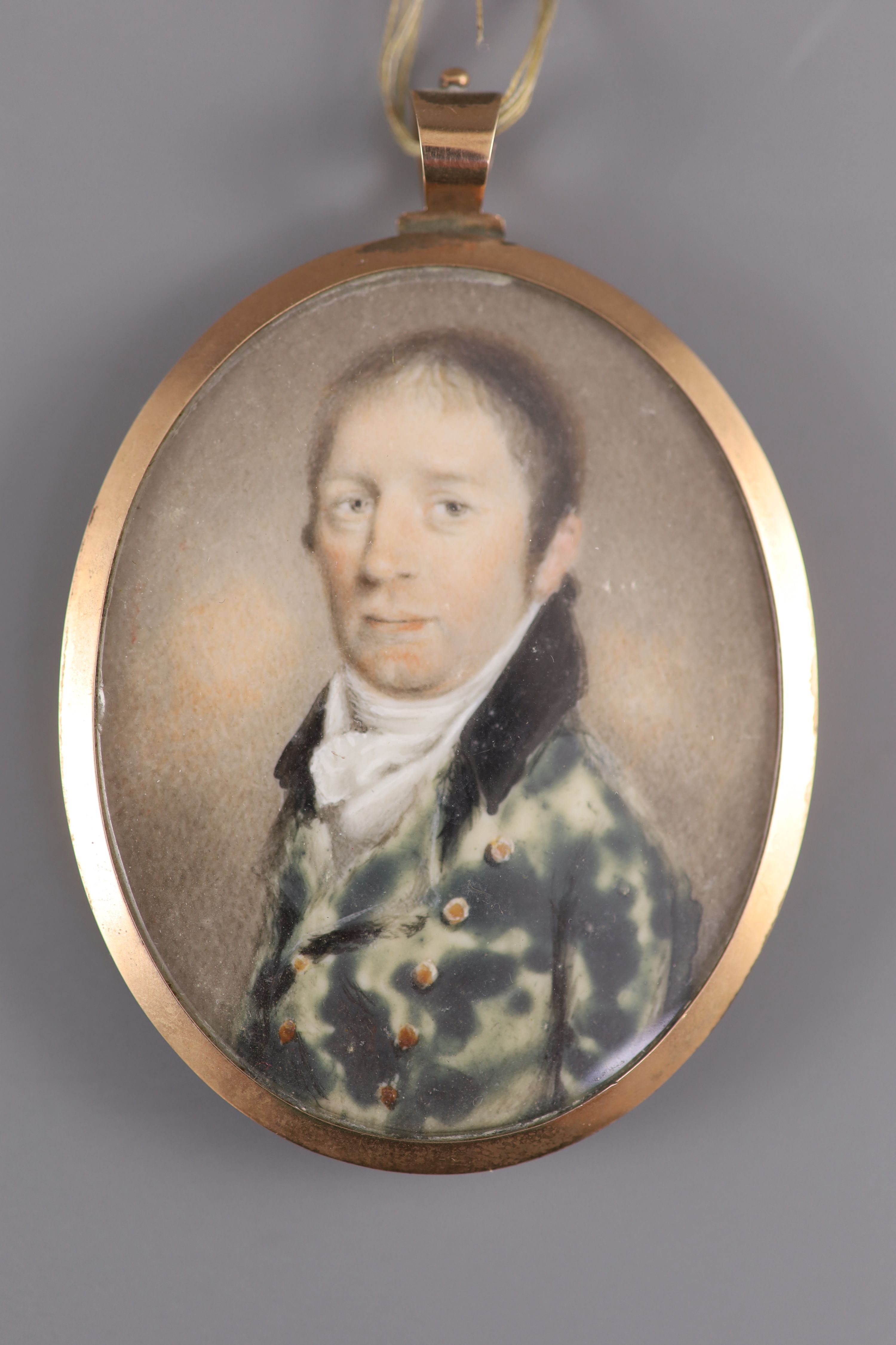 19th century English School, watercolour on ivory Miniature portrait of a gentleman wearing a white stock, hairpiece back, 6.5 x 5 cm.